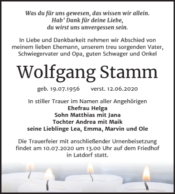 Traueranzeige von Wolfgang Stamm von Mitteldeutsche Zeitung Bernburg