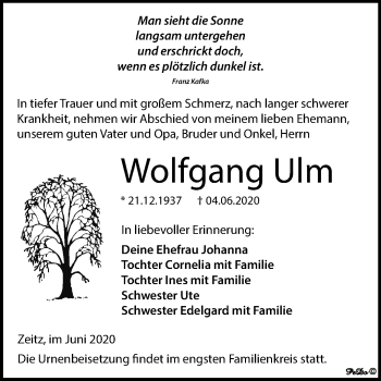 Traueranzeige von Wolfgang Ulm von Super Sonntag Zeitz
