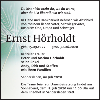 Traueranzeige von Ernst Hörholdt von Mitteldeutsche Zeitung Mansfelder Land