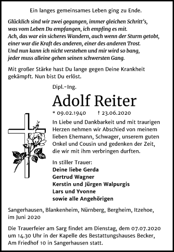 Traueranzeige von Adolf Reiter von Super Sonntag Sangerhausen