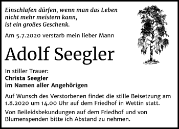 Traueranzeige von Adolf Seegler von Mitteldeutsche Zeitung Halle/Saalkreis