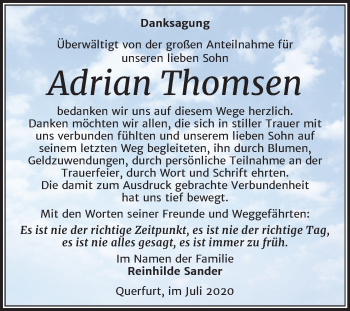 Traueranzeige von Adrian Thomsen von Super Sonntag Merseburg/Querfurt