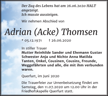Traueranzeige von Adrian Thomsen von Mitteldeutsche Zeitung Merseburg/Querfurt