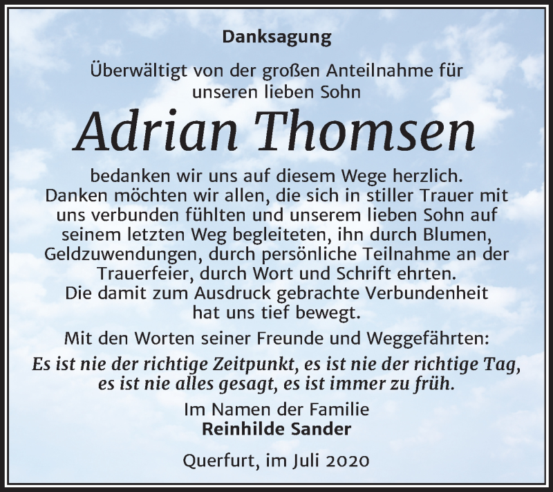  Traueranzeige für Adrian Thomsen vom 18.07.2020 aus Super Sonntag Merseburg/Querfurt