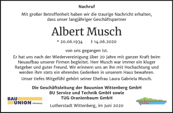 Traueranzeige von Albert Musch von Super Sonntag Wittenberg