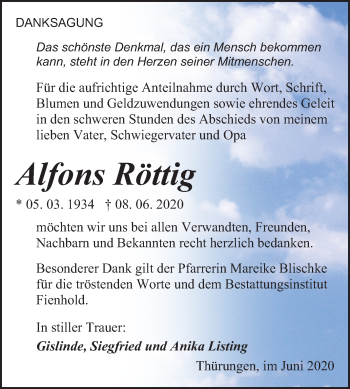 Traueranzeige von Alfons Röttig von Super Sonntag Sangerhausen