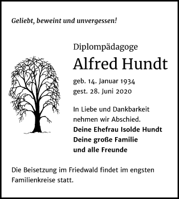 Traueranzeige von Alfred Hundt von Mitteldeutsche Zeitung Dessau-Roßlau