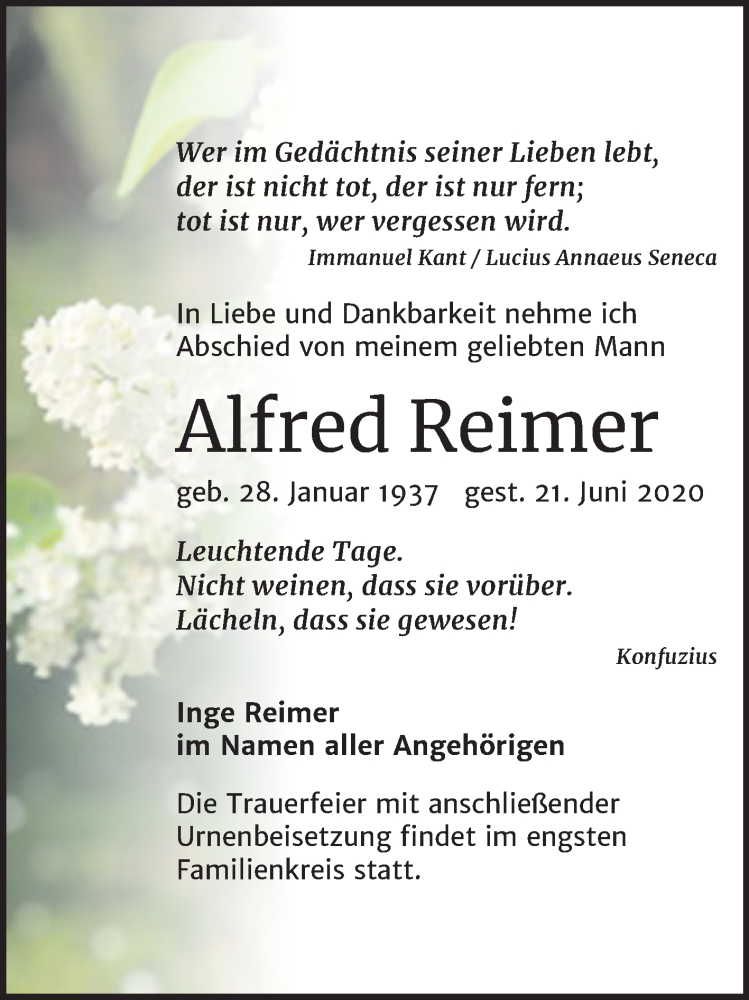  Traueranzeige für Alfred Reimer vom 01.07.2020 aus Wochenspiegel Naumburg/Nebra