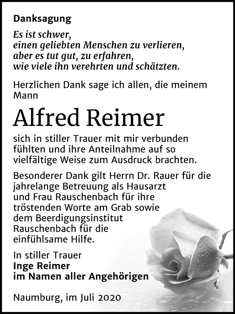  Traueranzeige für Alfred Reimer vom 22.07.2020 aus Wochenspiegel Naumburg/Nebra