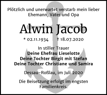 Traueranzeige von Alwin Jacob von Super Sonntag Dessau-Roßlau