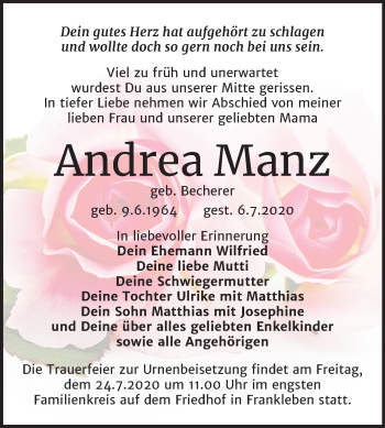 Traueranzeige von Andrea Manz von Super Sonntag Merseburg/Querfurt