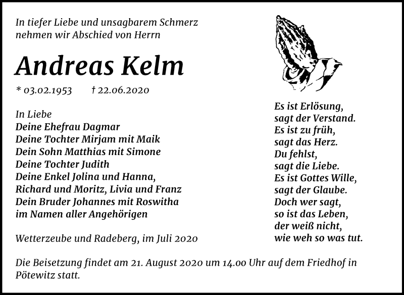  Traueranzeige für Andreas Kelm vom 11.07.2020 aus Super Sonntag Zeitz