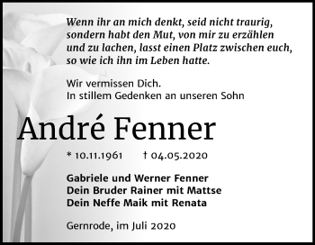 Traueranzeige von André Fenner von Super Sonntag Quedlinburg