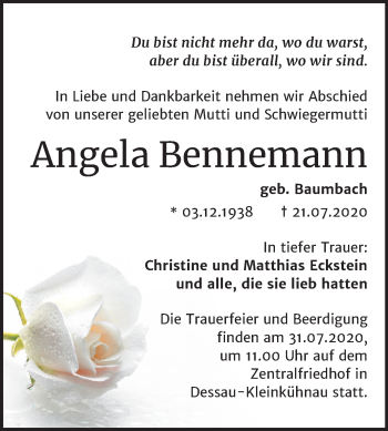 Traueranzeige von Angela Bennemann von Mitteldeutsche Zeitung Dessau-Roßlau
