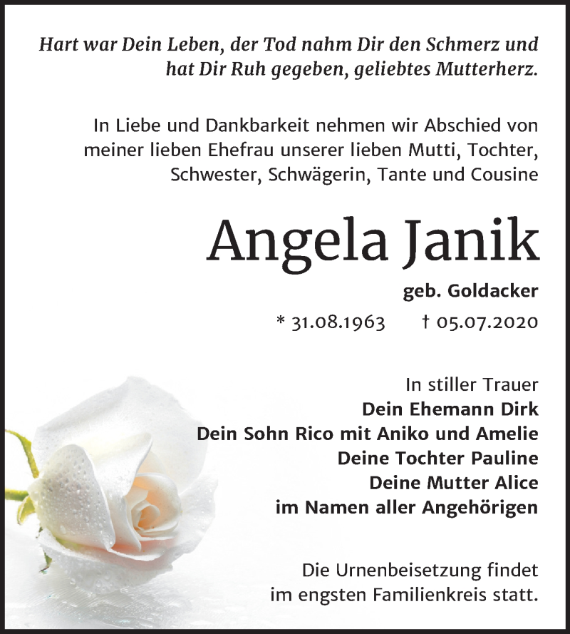 Traueranzeige für Angela Janik vom 11.07.2020 aus Mitteldeutsche Zeitung Köthen