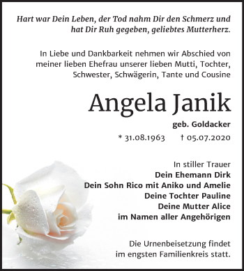 Traueranzeige von Angela Janik von Super Sonntag Köthen