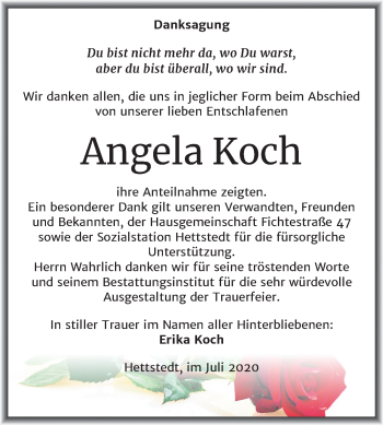 Traueranzeige von Angela Koch von Super Sonntag Mansfelder Land