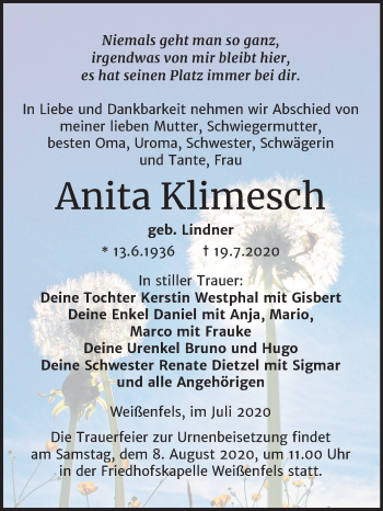 Traueranzeige von Anita Klimesch von Wochenspiegel Weißenfels