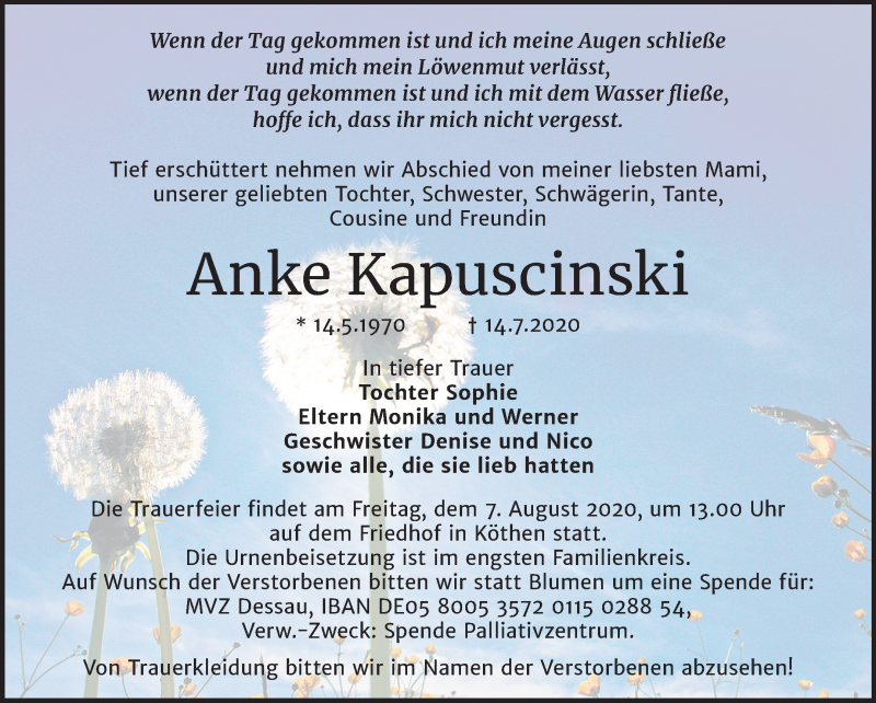  Traueranzeige für Anke Kapuscinski vom 25.07.2020 aus Super Sonntag Köthen