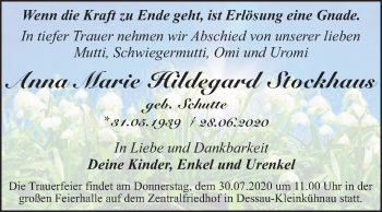Traueranzeige von Anna Marie Hildegard Stockhaus von Super Sonntag Dessau-Roßlau