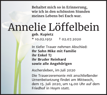 Traueranzeige von Annelie Löffelbein von Super Sonntag Aschersleben