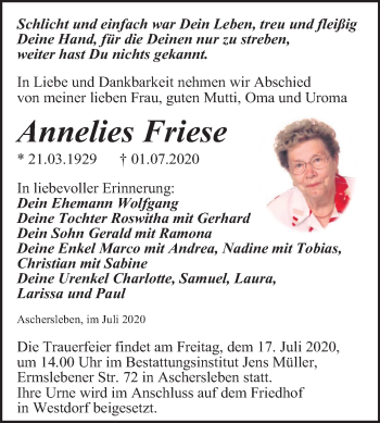 Traueranzeige von Annelies Friese von Super Sonntag Aschersleben