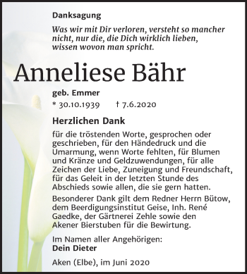 Traueranzeige von Anneliese Bähr von Super Sonntag Köthen