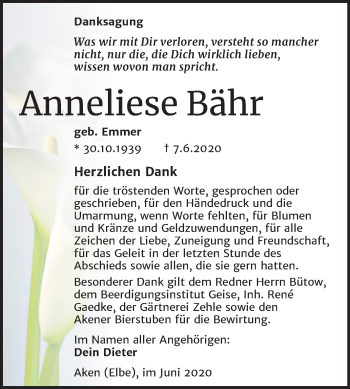 Traueranzeige von Anneliese Bähr von Mitteldeutsche Zeitung Köthen