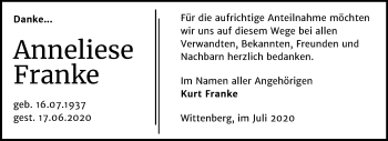Traueranzeige von Anneliese Franke von Mitteldeutsche Zeitung Wittenberg