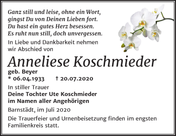 Traueranzeige von Anneliese Koschmieder von Super Sonntag Merseburg/Querfurt