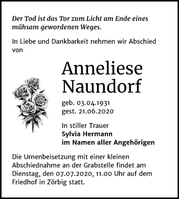 Traueranzeige von Anneliese Naundorf von Wochenspiegel Bitterfeld