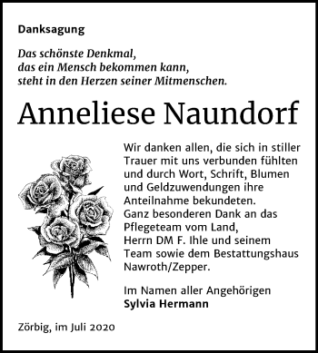 Traueranzeige von Anneliese Naundorf von Wochenspiegel Bitterfeld