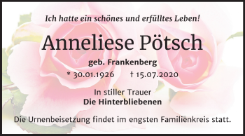 Traueranzeige von Anneliese Pötsch von Super Sonntag Bernburg