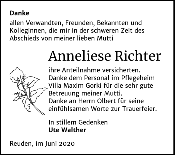 Traueranzeige von Anneliese Richter von Wochenspiegel Bitterfeld