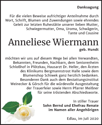 Traueranzeige von Anneliese Wiermann von Mitteldeutsche Zeitung Bernburg