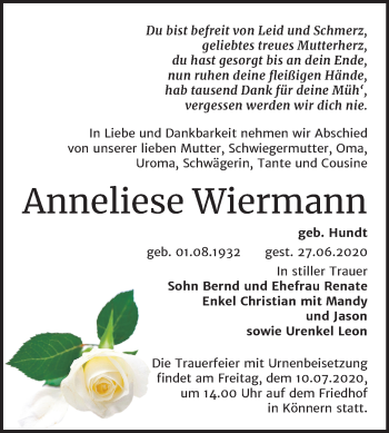 Traueranzeige von Anneliese Wiermann von Super Sonntag Bernburg