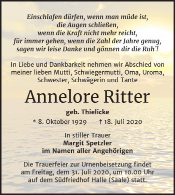 Traueranzeige von Annelore Ritter von Mitteldeutsche Zeitung Halle/Saalkreis