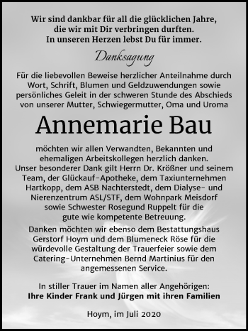 Traueranzeige von Annemarie Bau von Super Sonntag Aschersleben