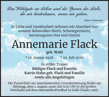 Traueranzeige von Annemarie Flack von Mitteldeutsche Zeitung Halle/Saalkreis
