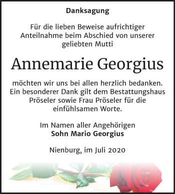 Traueranzeige von Annemarie Georgius von Mitteldeutsche Zeitung Bernburg