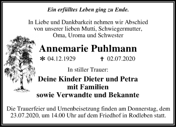 Traueranzeige von Annemarie Puhlmann von Mitteldeutsche Zeitung Dessau-Roßlau