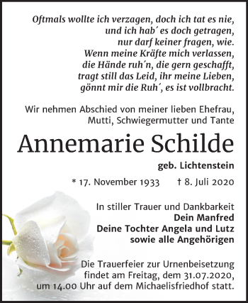 Traueranzeige von Annemarie Schilde von Mitteldeutsche Zeitung Zeitz