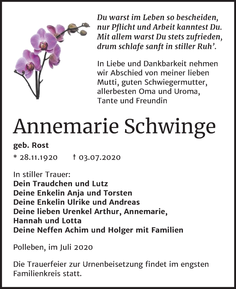 Traueranzeige für Annemarie Schwinge vom 11.07.2020 aus Mitteldeutsche Zeitung Mansfelder Land