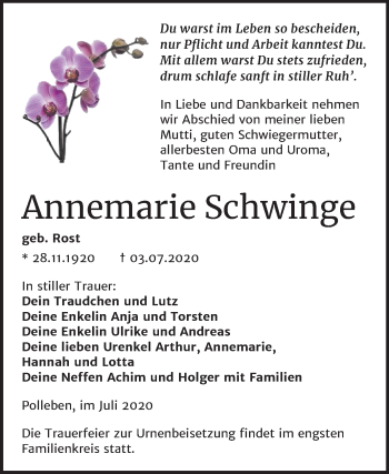 Traueranzeige von Annemarie Schwinge von Wochenspiegel Mansfelder Land