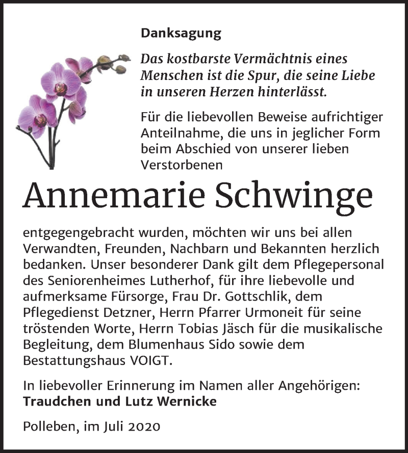  Traueranzeige für Annemarie Schwinge vom 25.07.2020 aus Mitteldeutsche Zeitung Mansfelder Land