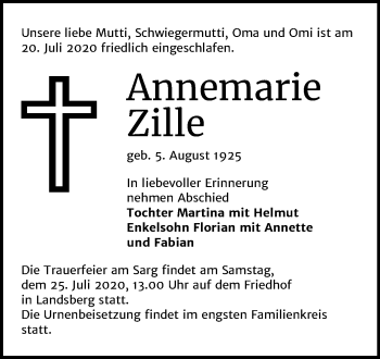 Traueranzeige von Annemarie Zille von Mitteldeutsche Zeitung Halle/Saalkreis