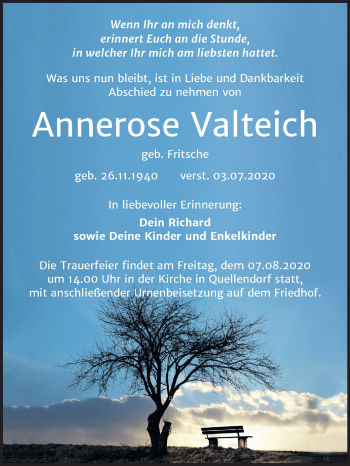 Traueranzeige von Annerose Valteich von Super Sonntag Dessau-Roßlau / Köthen