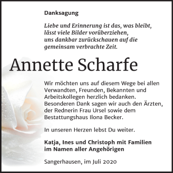 Traueranzeige von Annette Scharfe von Mitteldeutsche Zeitung Sangerhausen