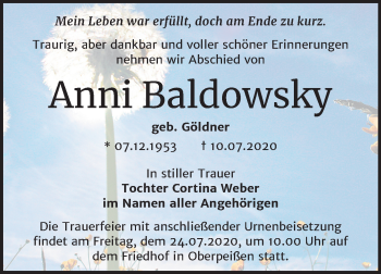 Traueranzeige von Anni Baldowsky von Super Sonntag Bernburg