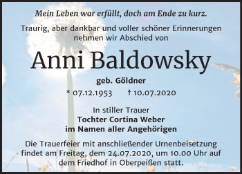 Traueranzeige von Anni Baldowsky von Mitteldeutsche Zeitung Bernburg